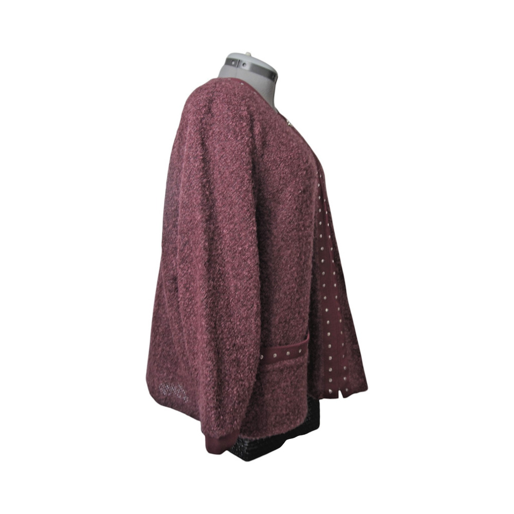 Cathy Daniels Burgundy Boucle Full Zip Cardigan Sweater Studded Plus 2X - Picture 6 of 12